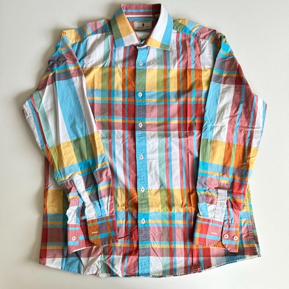 Colorful Cotton Poplin Madras Plaid Shirt Southern Pines Blue Pink Yellow Mens L - Picture 2 of 13